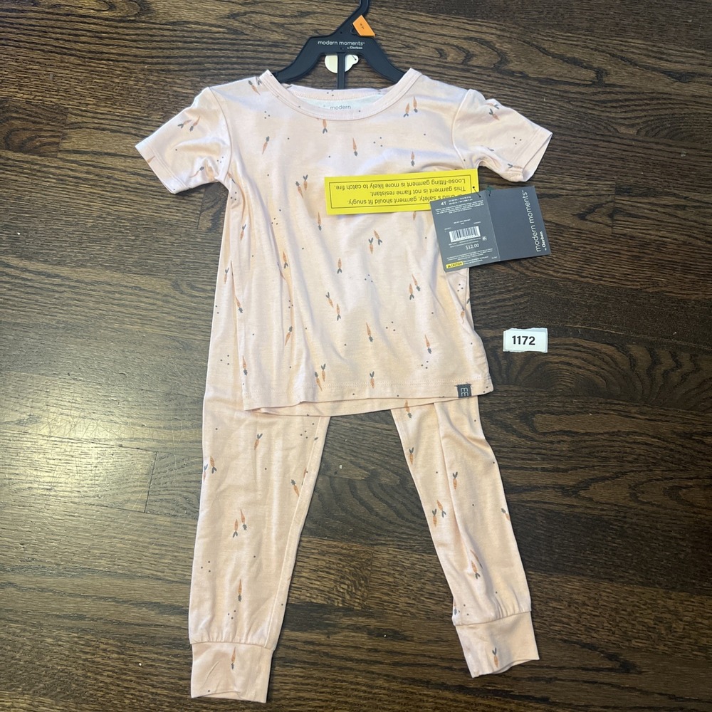 Modern Moments By Gerber Supersoft 2 Piece Pajama Set Pink With Carrots 4T NWT